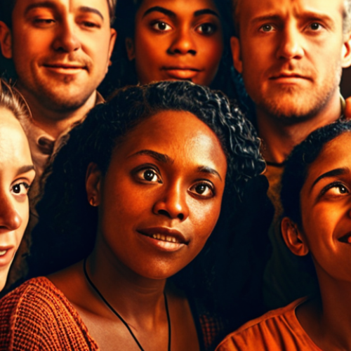 Home 18 **Emotional Connection:** A diverse group of people looking inspired and engaged, faces lit up by warm colors, feeling emotionally connected.