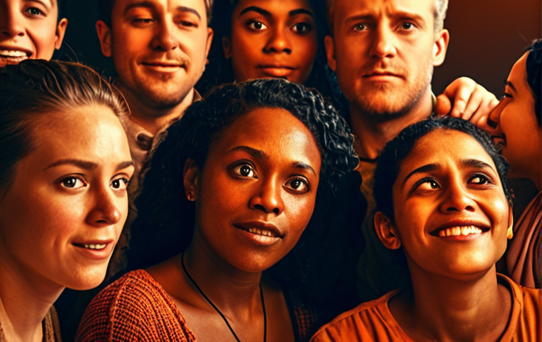 **Emotional Connection:** A diverse group of people looking inspired and engaged, faces lit up by warm colors, feeling emotionally connected.