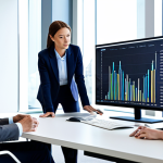 A diverse group of professional business people, fully clothed in modern business attire, collaborating in a well-lit, contemporary office space. They are gathered around a large monitor displaying abstract data visualizations and charts, engaged in discussion with natural poses. Their focus is on strategic problem-solving and data analysis. The scene should convey a sense of teamwork and professionalism. safe for work, appropriate content, modest clothing, perfect anatomy, correct proportions, well-formed hands, proper finger count, natural body proportions, professional photography, high quality.