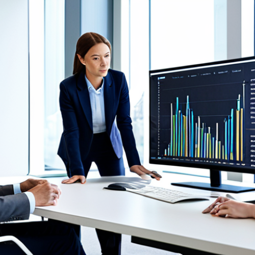 A diverse group of professional business people, fully clothed in modern business attire, collaborating in a well-lit, contemporary office space. They are gathered around a large monitor displaying abstract data visualizations and charts, engaged in discussion with natural poses. Their focus is on strategic problem-solving and data analysis. The scene should convey a sense of teamwork and professionalism. safe for work, appropriate content, modest clothing, perfect anatomy, correct proportions, well-formed hands, proper finger count, natural body proportions, professional photography, high quality.