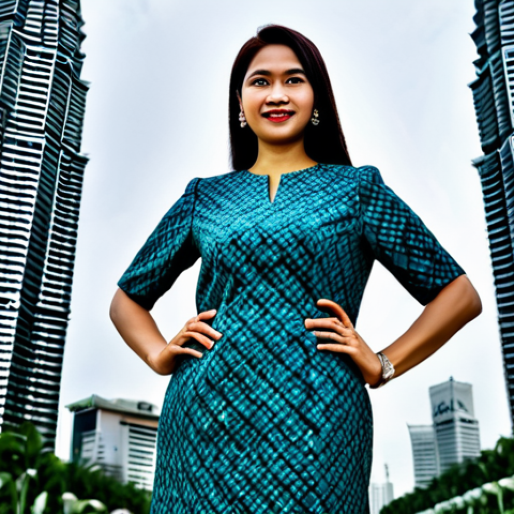**

A professional businesswoman in a modest batik dress, standing confidently in front of the Petronas Twin Towers in Kuala Lumpur. Fully clothed, appropriate attire, safe for work, perfect anatomy, natural proportions, professional photography, high quality.

**